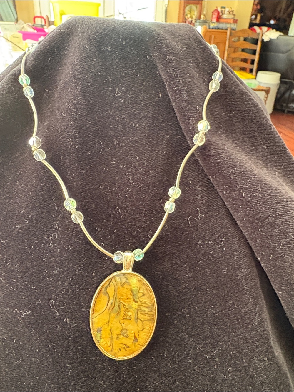 Gold-Tone Oval Pendant Necklace with Beaded Chain - Women Jewelry